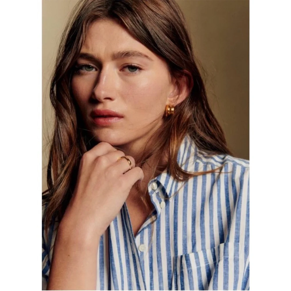 SEZANE Classic Oversized Blue & White Striped Linen Cotton Button Down Max Shirt - Picture 5 of 17
